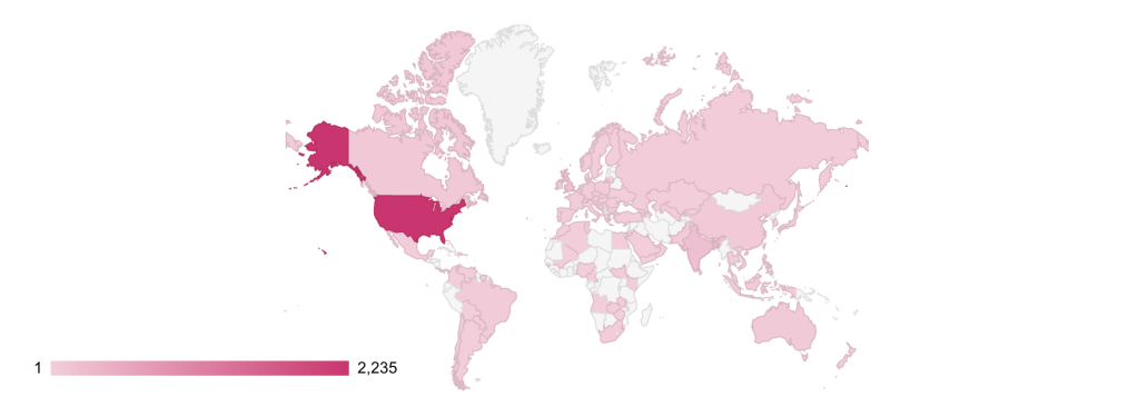 Map of the world with the majority of countries shaded pink, representing visitors to my website. Visitors came from North and South America, Europe, Asia, Oceania, and Africa. No traffic from Antarctica, but we'll get there.